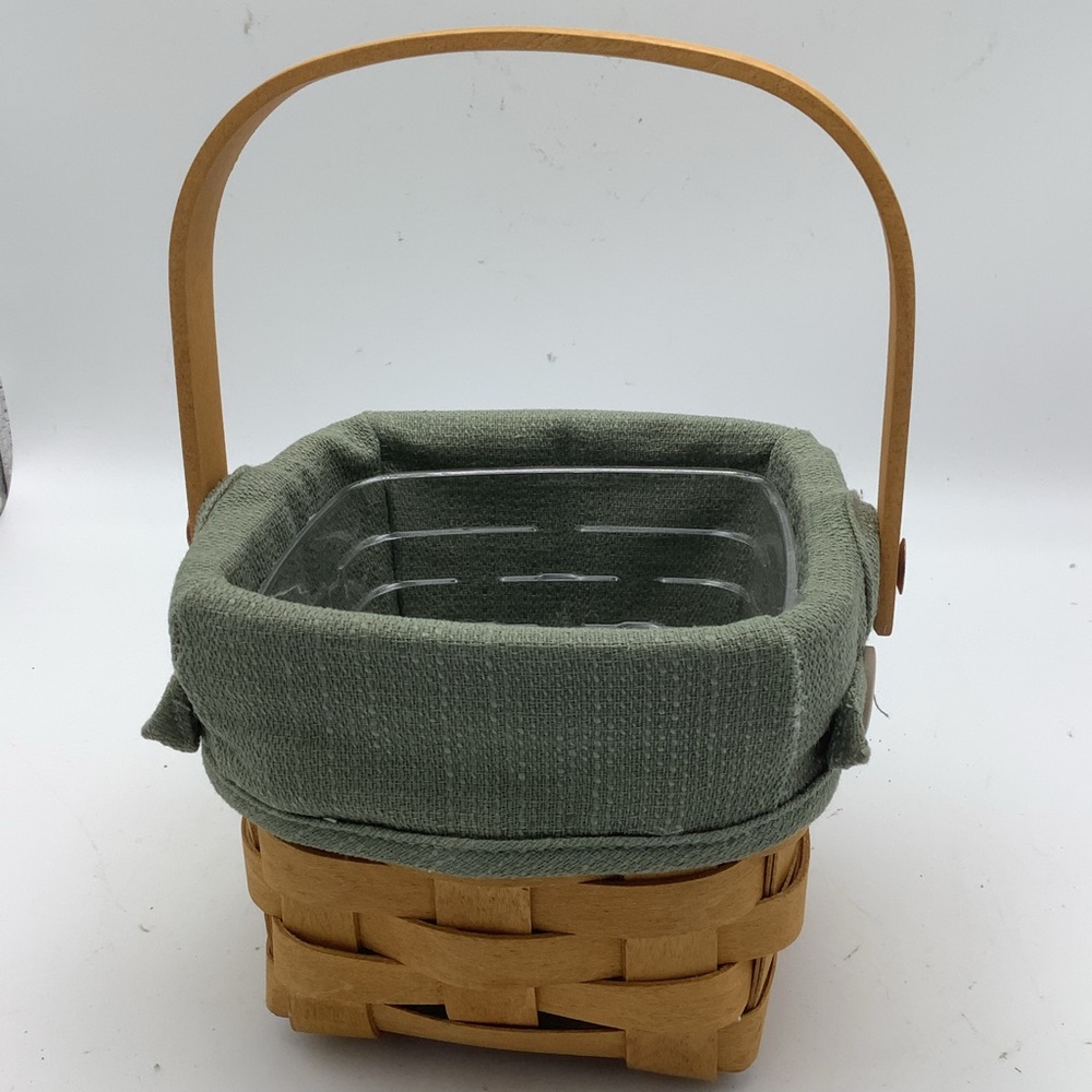 2005 Longaberger Square Handled Basket with Green Fabric and Plastic Liners